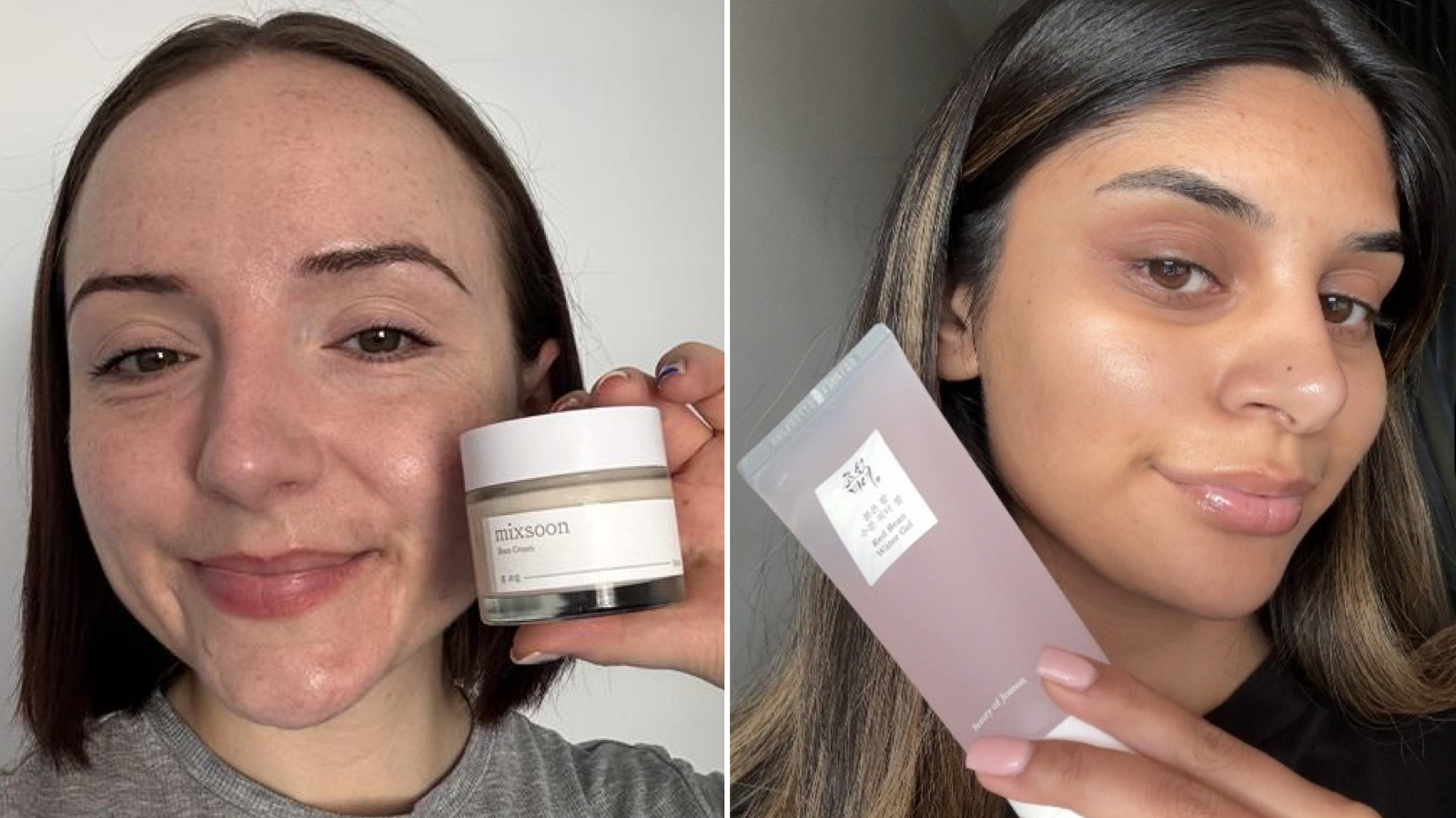Two poeple holding up Korean moisturisers and smiling