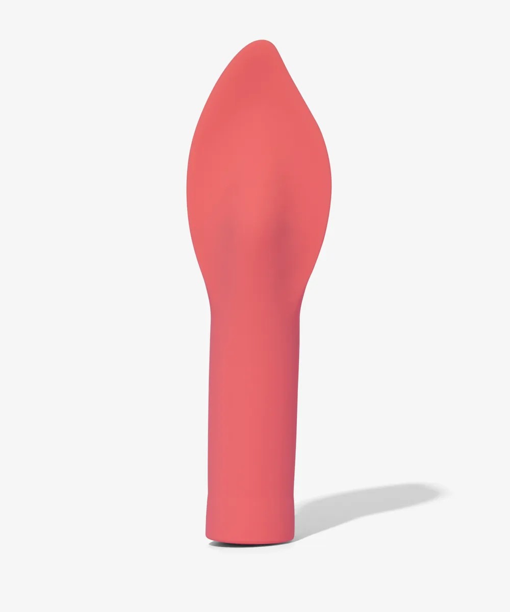 An image of a clitoral vibrator with a pointed tip in the colour red