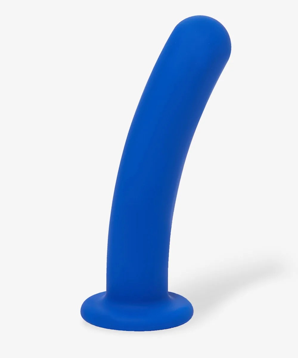 A cobalt blue stimulator on a white background