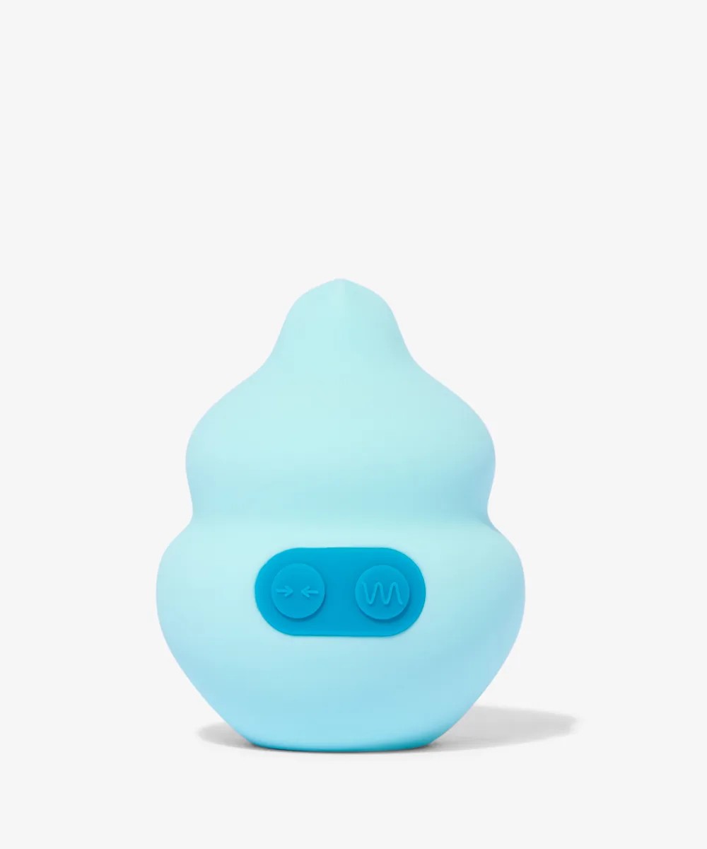 A light blue vibrator with dark blue buttons on a white background