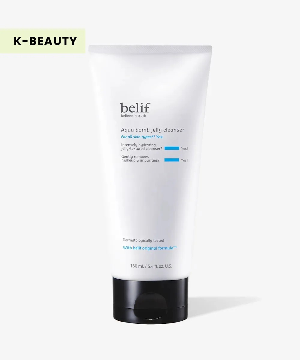 belif Aqua Bomb Jelly Cleanser with white and black packaging on a white background