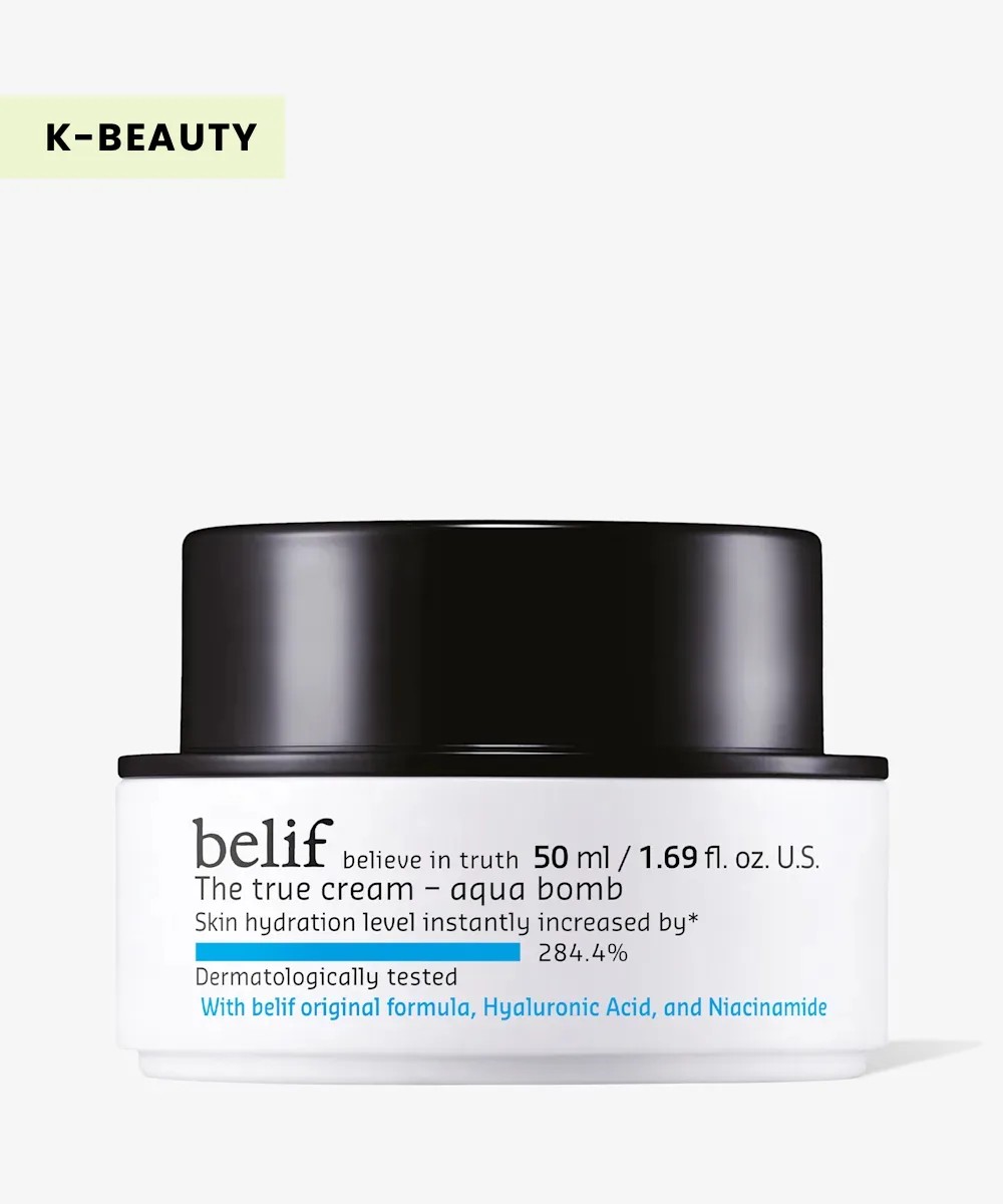 Belif The True Cream – Aqua Bomb in white, blue, and black packaging