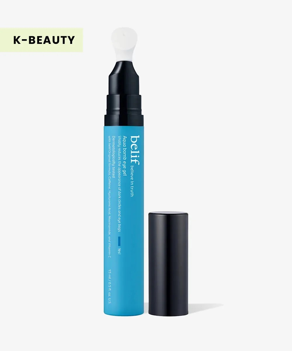 Belif Aqua Bomb Eye Gel in blue and black packaging