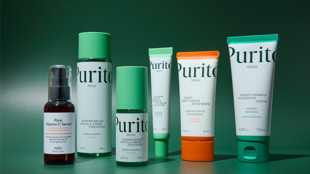 Six Purito Seoul products lined up, in green, white, and orange packaging