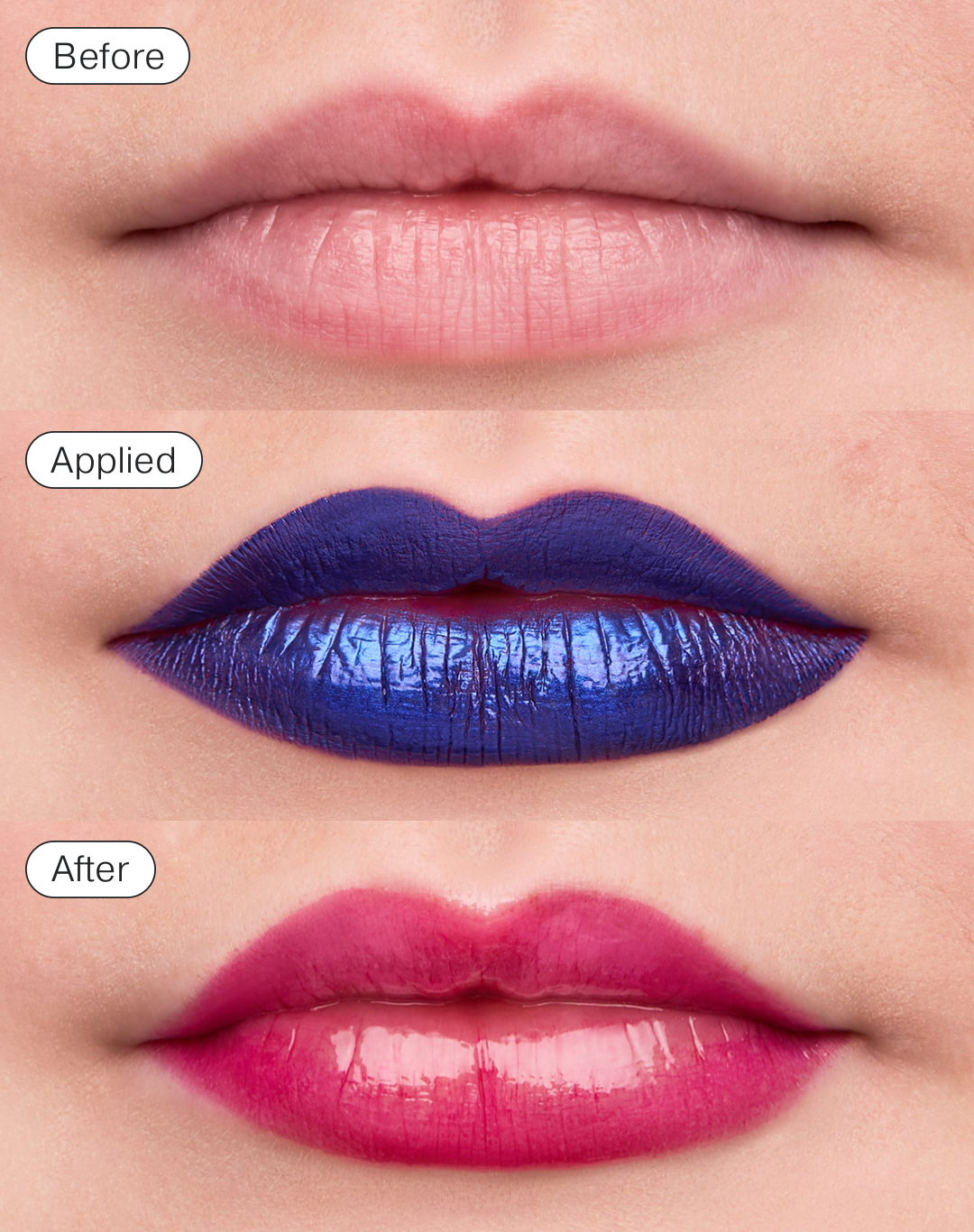 A before, during, after of a pink-toned lip stain being applied