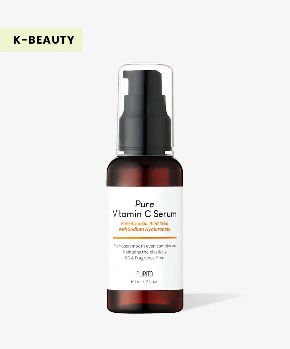 Purito Seoul Pure Vitamin C Serum in brown, white, and glass packaging