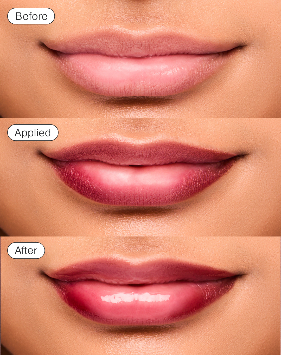 Image of three stages of a lip stain being used. One before, one during, and one after.