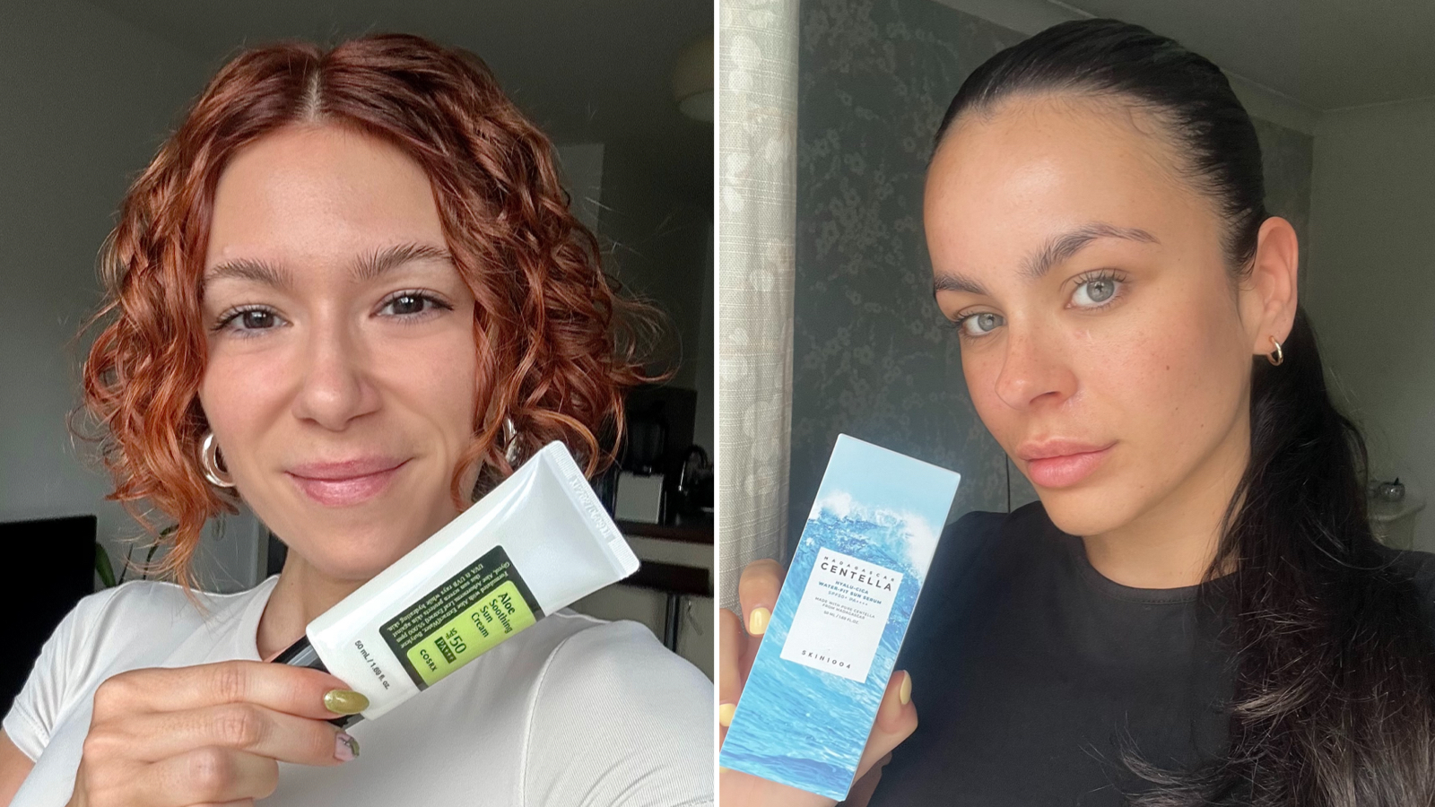 Two people side by side, both holding Korean sunscreen products with glowing, clear skin