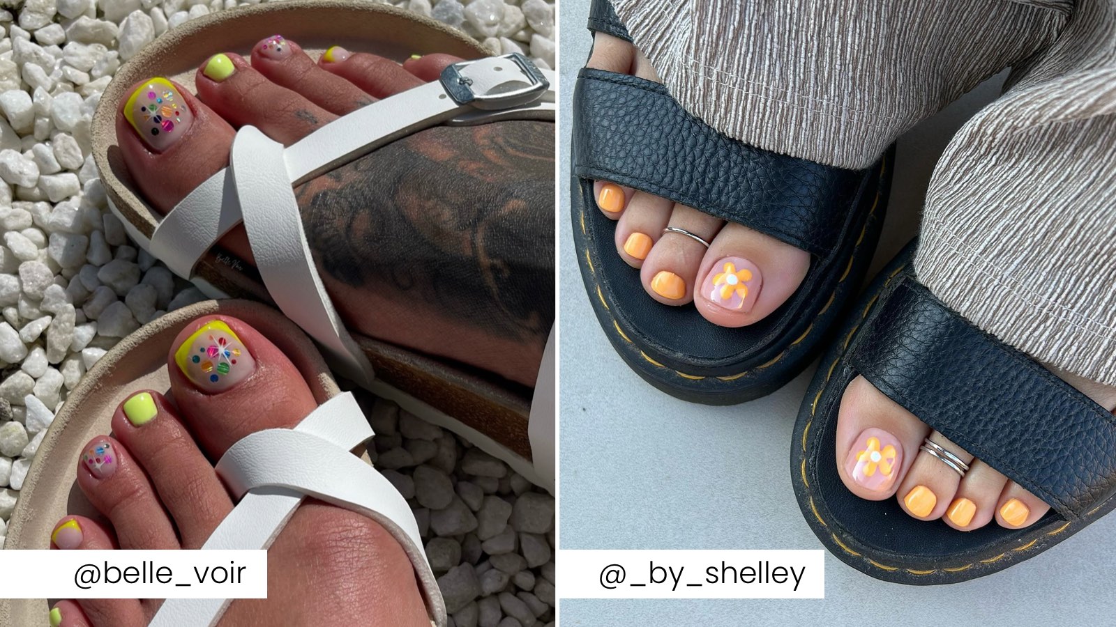 Two sets of pedicures. One with yellow French tips and one with orange and white flowers.