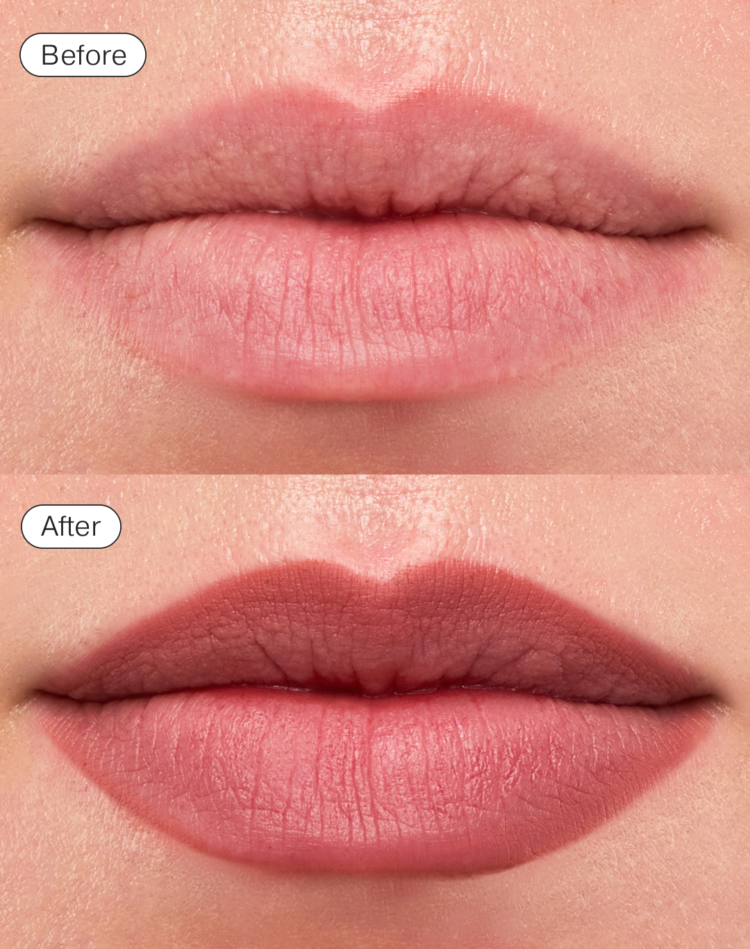 A before and after of someone wearing a brown lip stain
