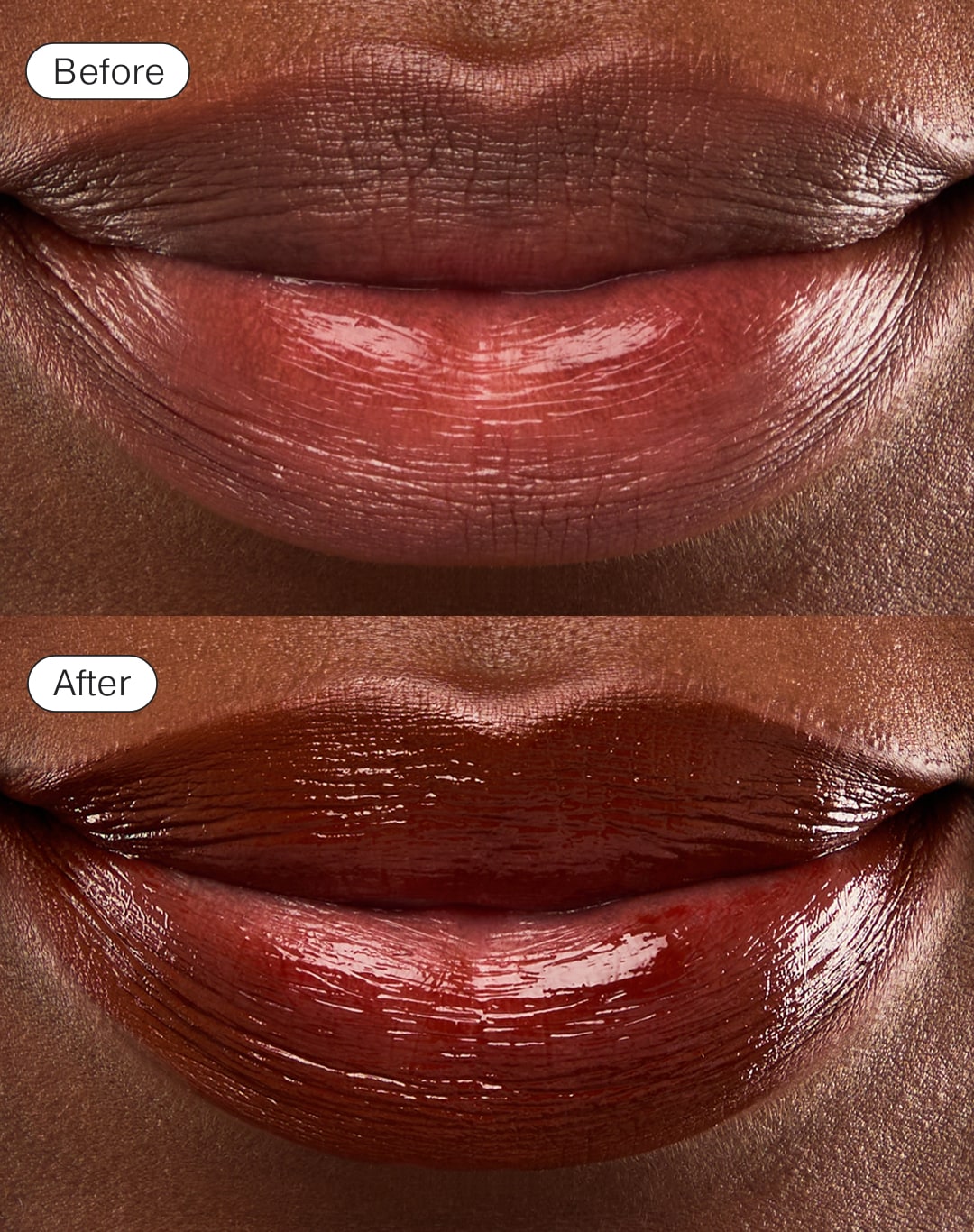 A before and after of someone wearing a red lip gloss