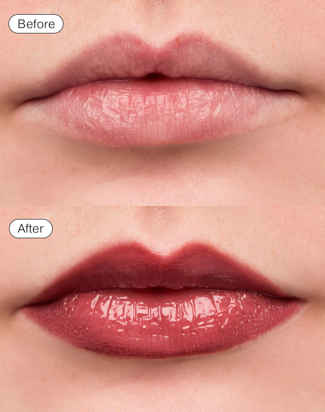 A before and after of someone wearing a glossy pinky-brown lip combo