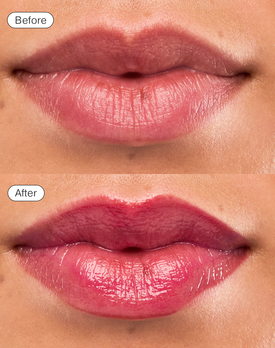 A before and after of someone wearing pink lip stain and gloss lip products