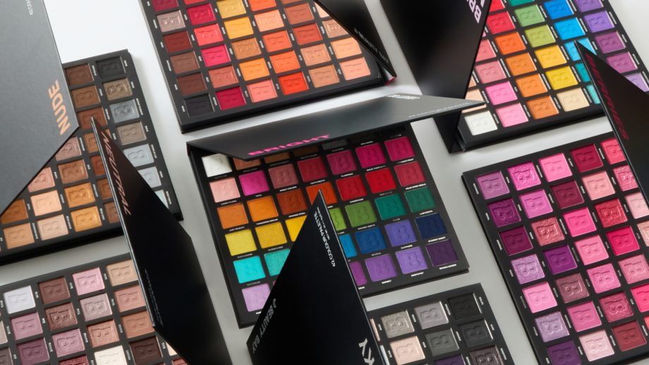 A collection of bright and colourful eyeshadow palettes side by side