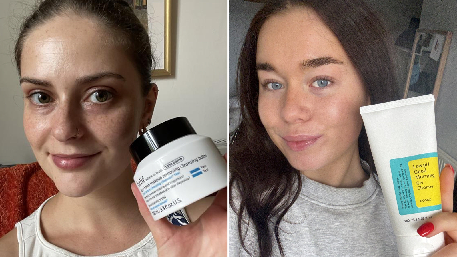 Two people side by side holding two Korean cleansers with glowy and clear skin