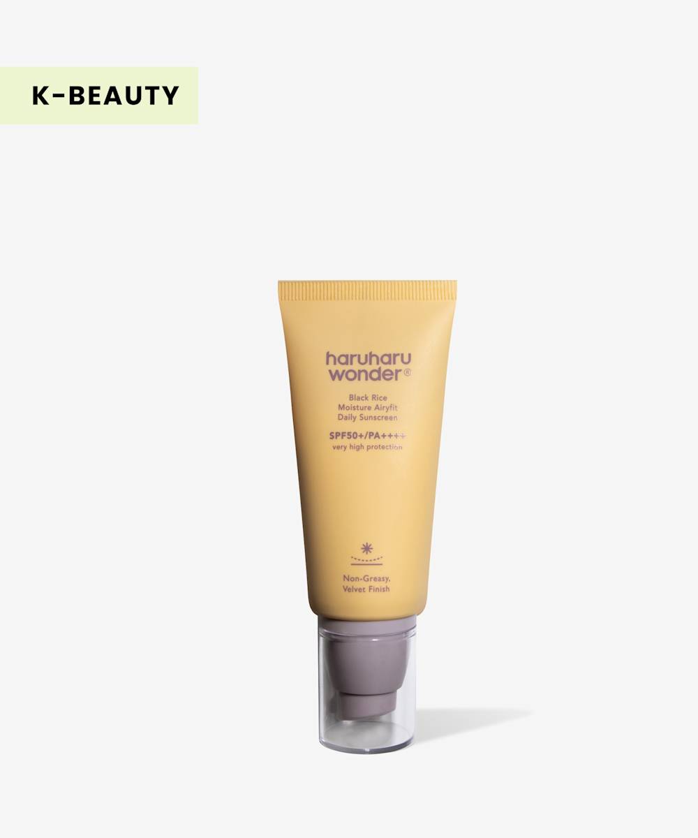 haruharu wonder Black Rice Moisture Airyfit Daily Sunscreen SPF50+ in yellow and purple packaging