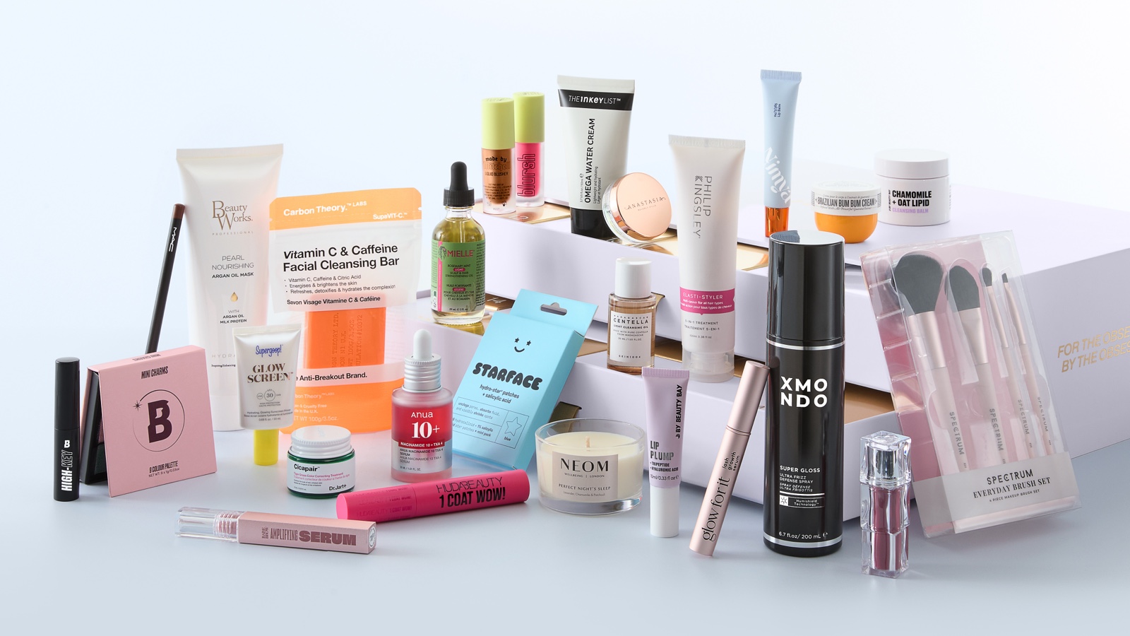 Numerous beauty products displayed next to one another
